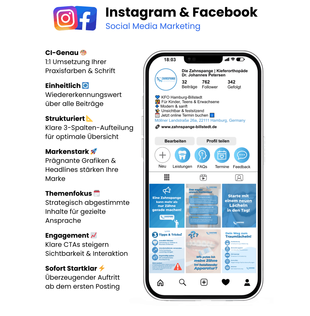 Instagram und Facebook Marketing für Arztpraxen – Social Media Betreuung mit Content-Erstellung und Community-Management für Zahnarzt- und Kieferorthopädie-Praxen